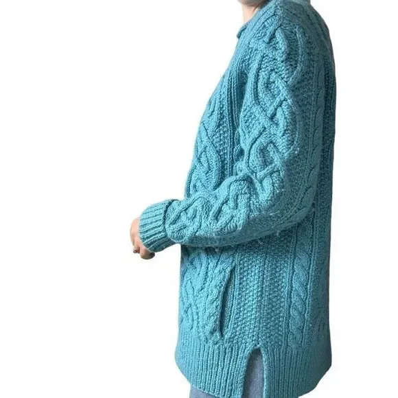 Vintage Womens Teal Blue 100% Wool Chunky Fisherman Celtic Cardigan Sz L - Picture 5 of 6